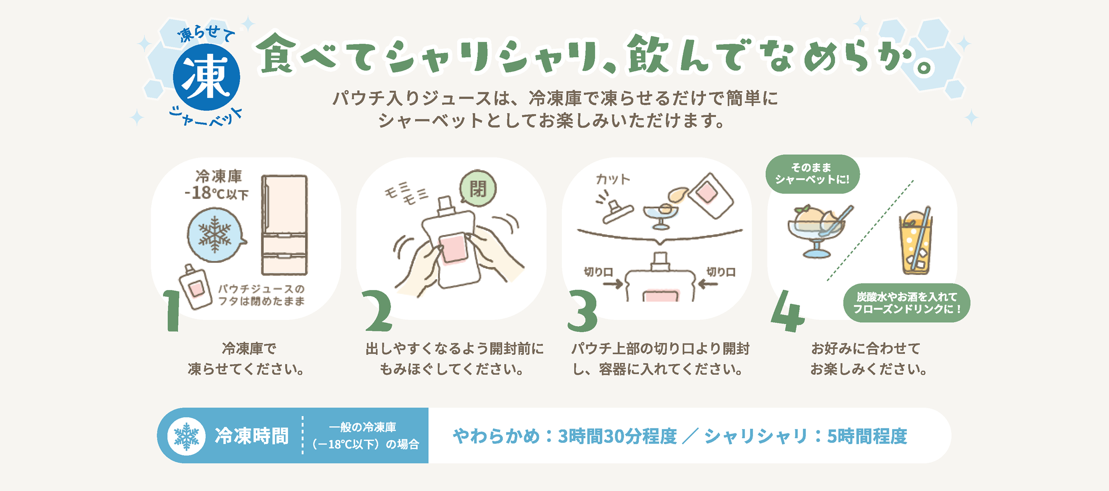 食べてシャリシャリ、飲んでなめらか。凍らせてシャーベットに。